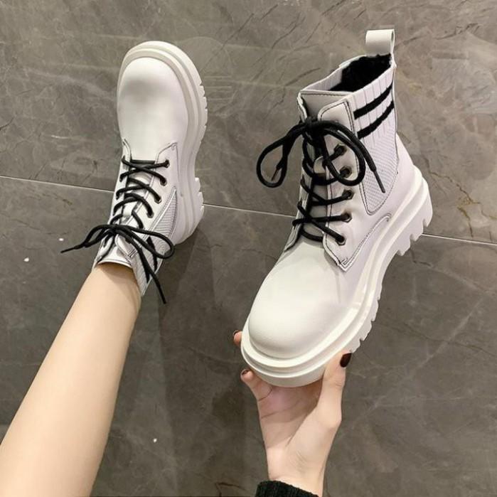 Freeship Giày bốt cổ thấp Martin cho nữ, boots cổ thấp có dây màu đen cổ tròn phối len