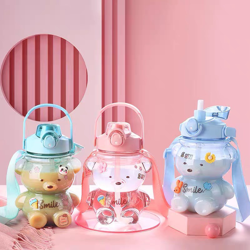 BÌNH TRÀ SỮA HÌNH GẤU CUTE 1100ML , CÓ DÂY - HT