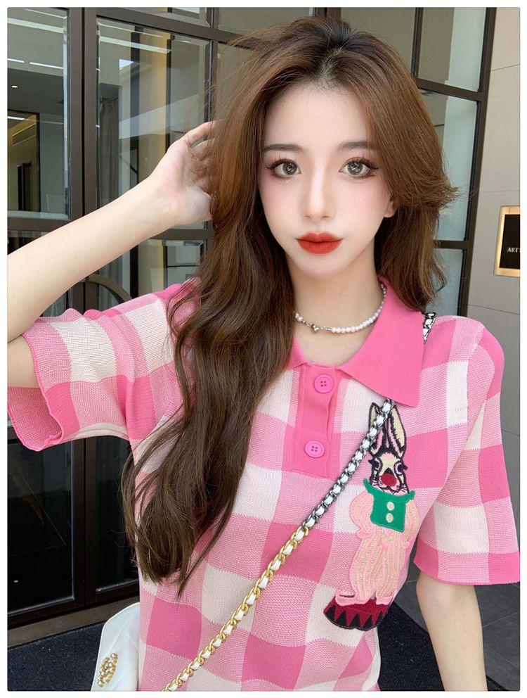SHUANGYAN polo cổ màu hồng kẻ sọc dệt kim đầm mùa hè 2023 nhỏ lỏng lẻo thời trang ngọt ngào giảm tuổi váy