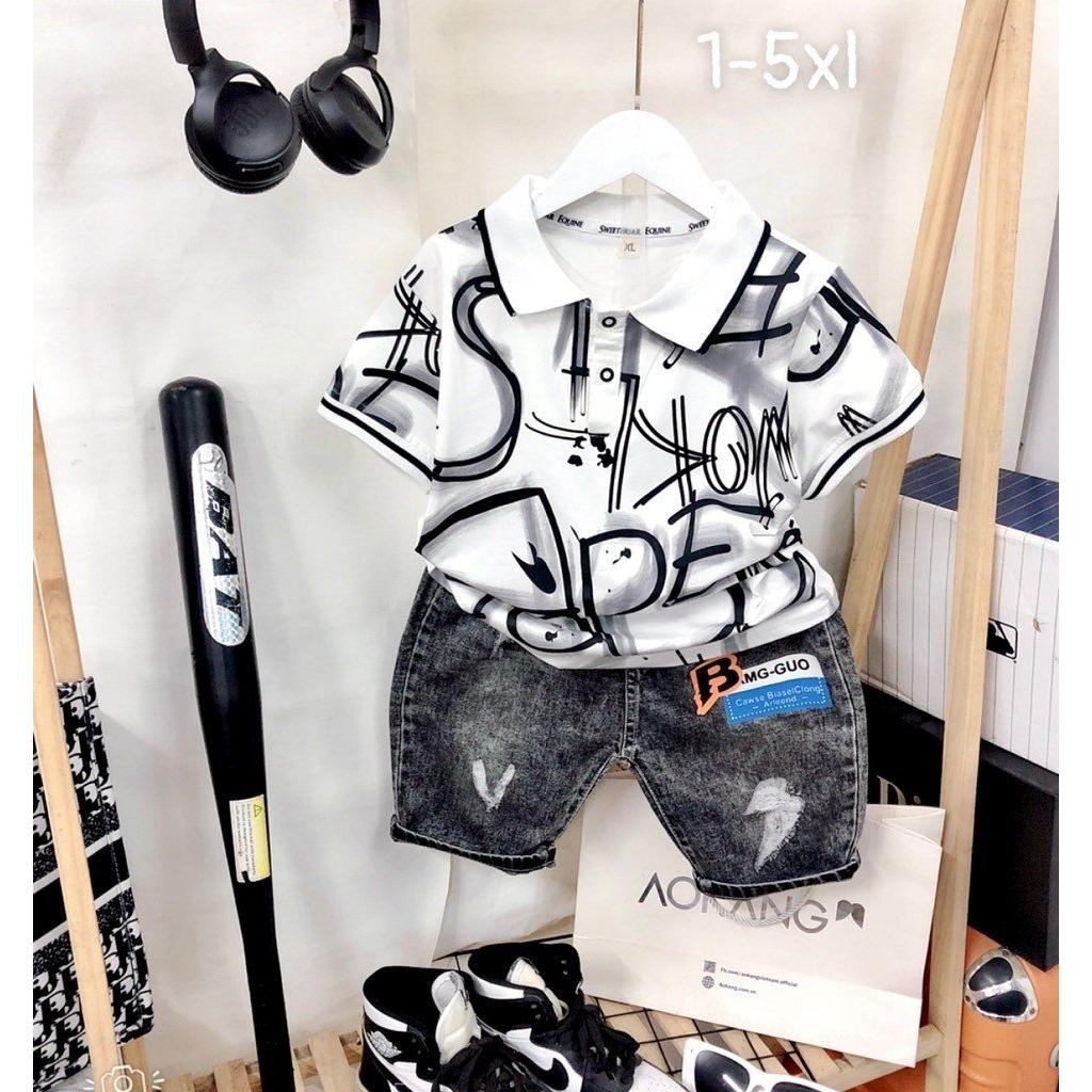 Set cho bé trai áo thun cổ trụ phối quần jeans đi chơi đi tiệc phong cách Hàn Quốc size 20-35kg hàng Quảng Châu cao cấp