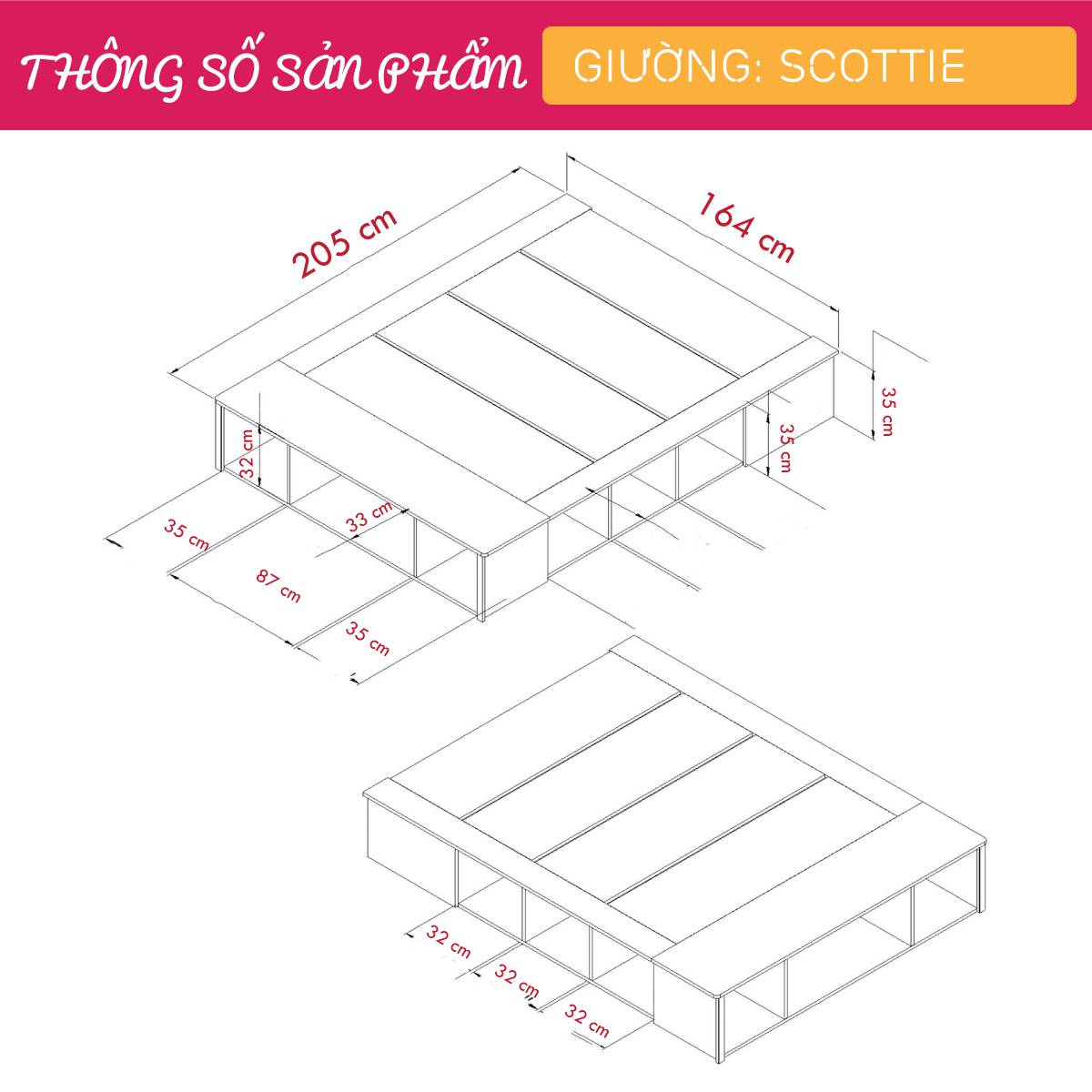 Giường ngủ gỗ hiện đại SMLIFE Scottie | Gỗ MDF dày 17mm chống ẩm | D205xR165xC35cm