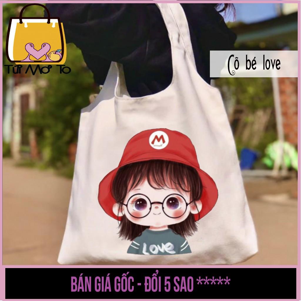 Túi tote túi vải túi canvas quai tròn có khóa kéo in hình cô bé love dễ thương - Túi Mơ To store