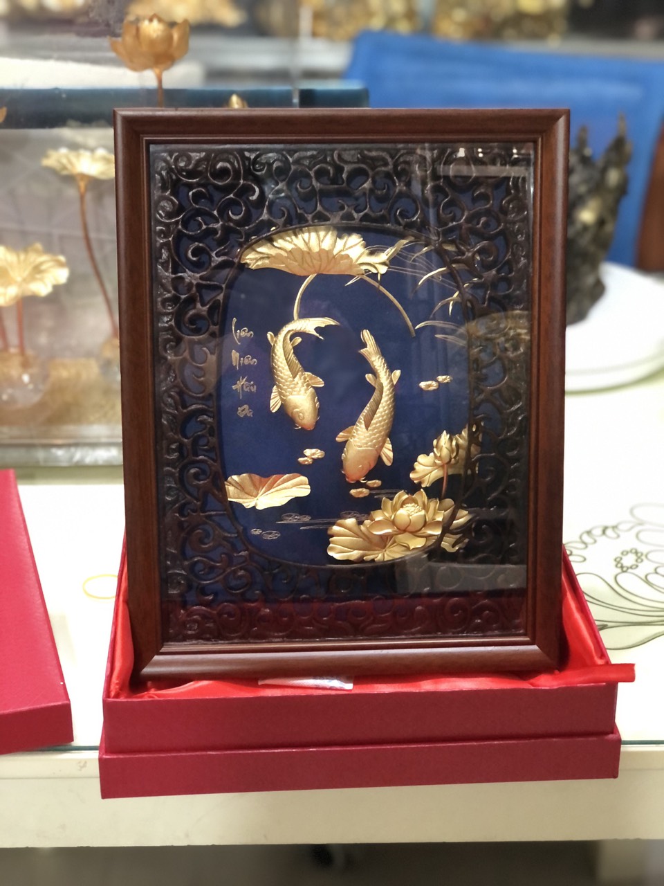 Tranh cá chép hoa sen mạ vàng 24k, quà tặng ngày Tết 2021