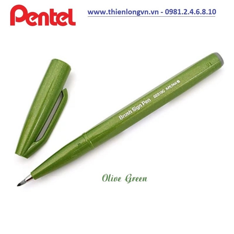 Bút lông viết thư pháp hiện đại Pentel SES15C-D2X xanh ô liu; Calligraphy Fude Touch Sign - Olive green