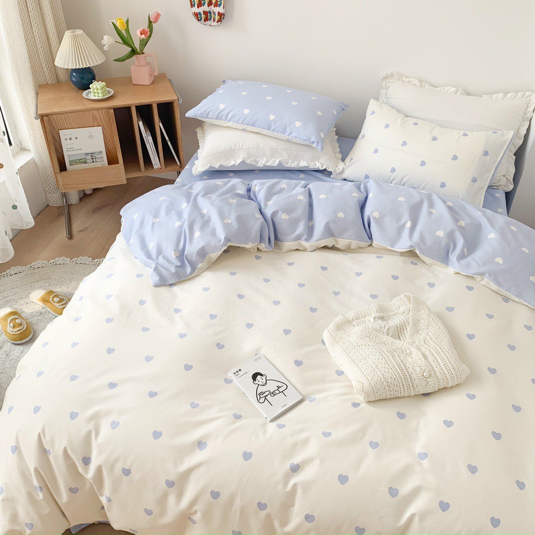 Bộ chăn chần ga gối cotton sử dụng 2 mặt LIDACO SP001452 - Tim xanh trắng