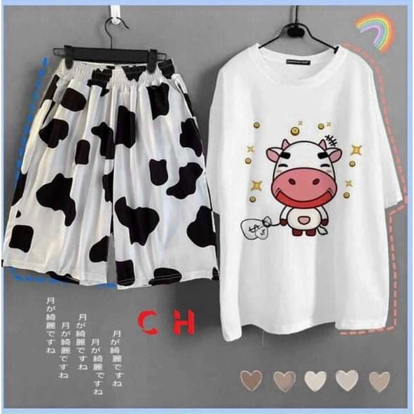 SET BỘ IN HÌNH BÒ SỮA , SÉT ÁO THUN TAY LỠ KÈM QUẦN