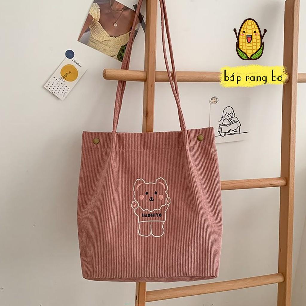Túi Vải Nhung Đeo Vai Hình Gấu Ba Màu So Cutie Túi Tote Họa Tiết Gấu Đáng Yêu