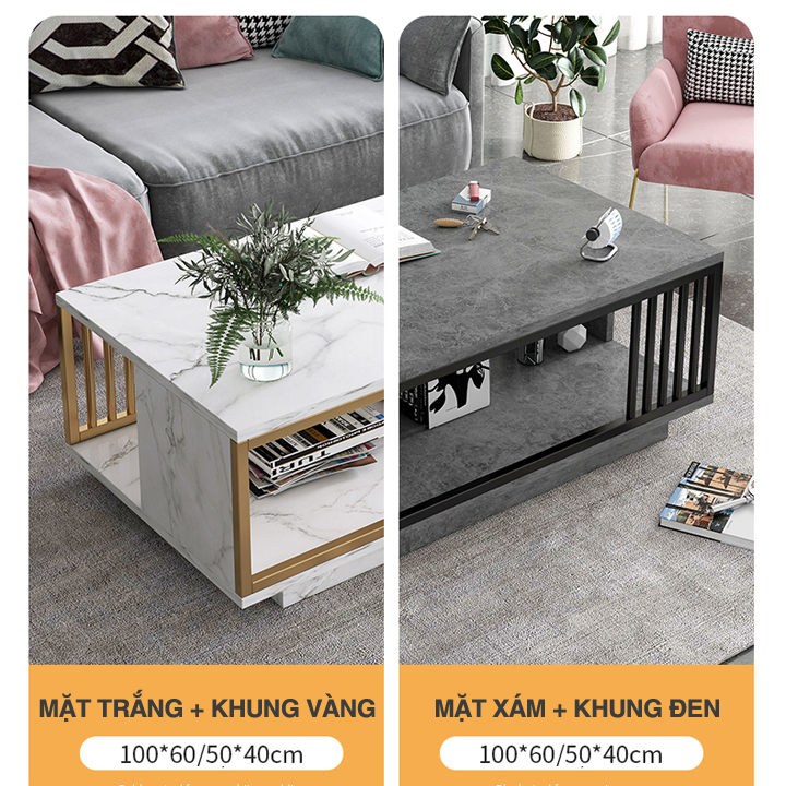 Bàn trà sofa phòng khách ANA mặt bàn họa tiết vân mây cẩm thạch hoặc xám đen 2 tầng khung thép - SF02