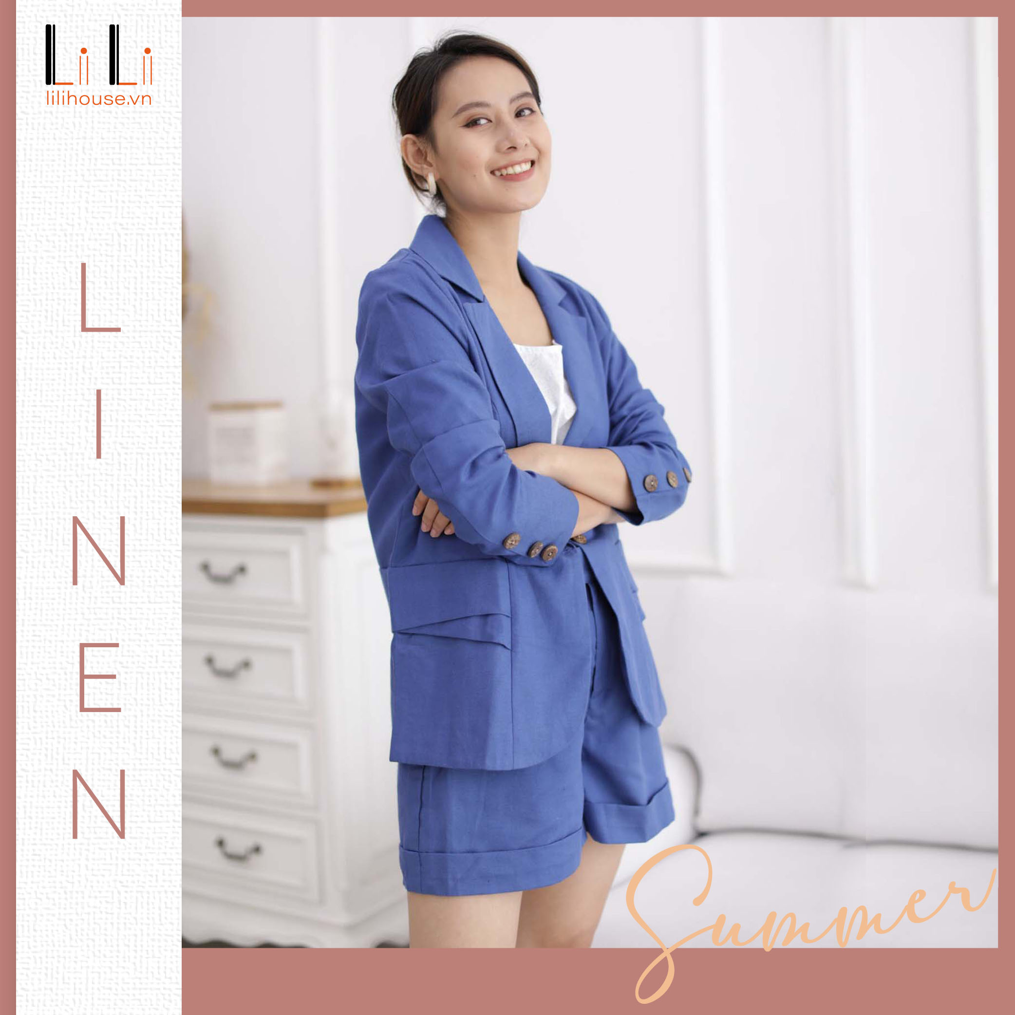 Set Vest, BLAZER nữ LINEN cao cấp - Màu Xanh Coban