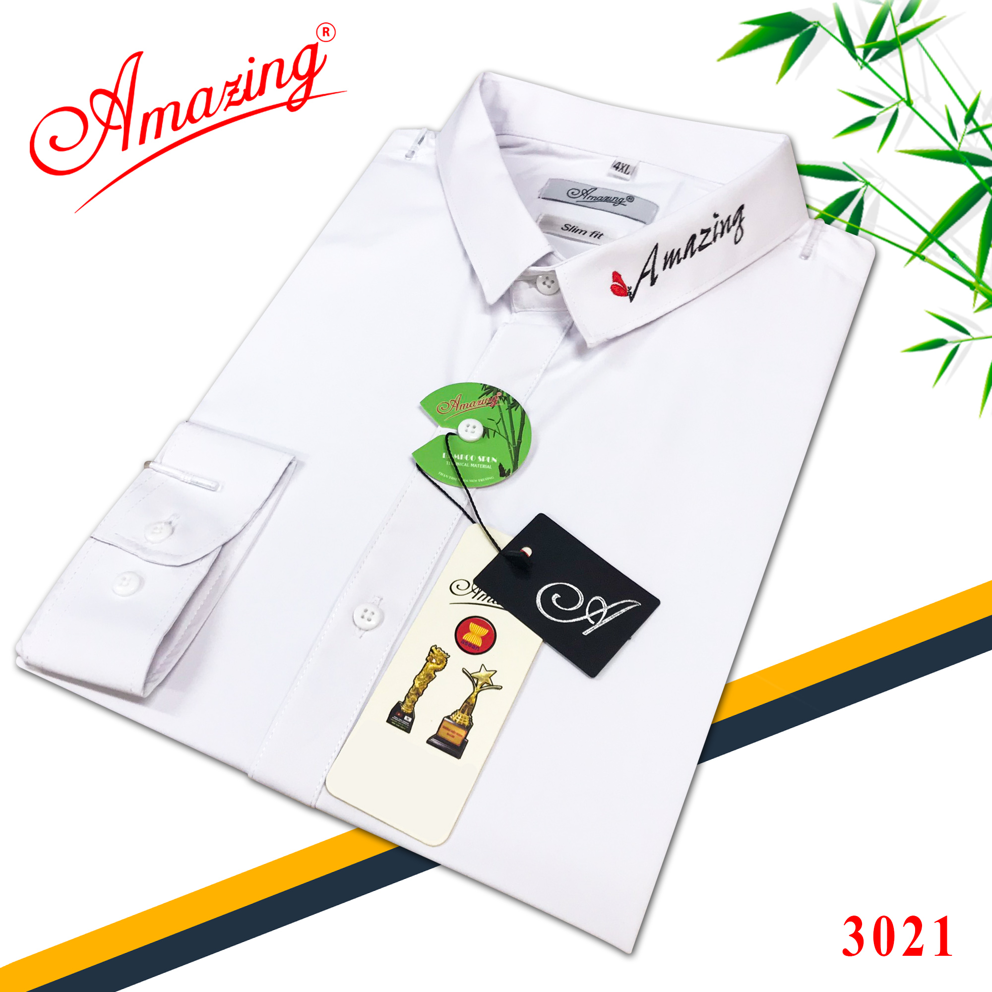 Áo sơ mi nam thêu logo Amazing, màu đen và trắng thanh lịch, vải bamboo mềm mịn, form body Hàn Quốc tôn dáng