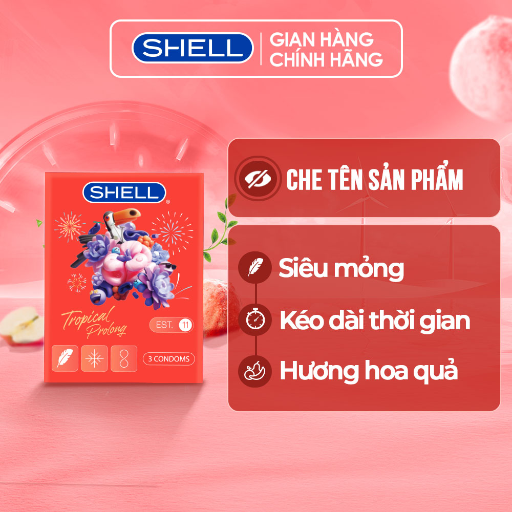 Bao cao su Shell Tropical Prolong kéo dài thời gian, hương hoa quả nhiệt đới - Hộp 3 cái | SHELL CHÍNH HÃNG