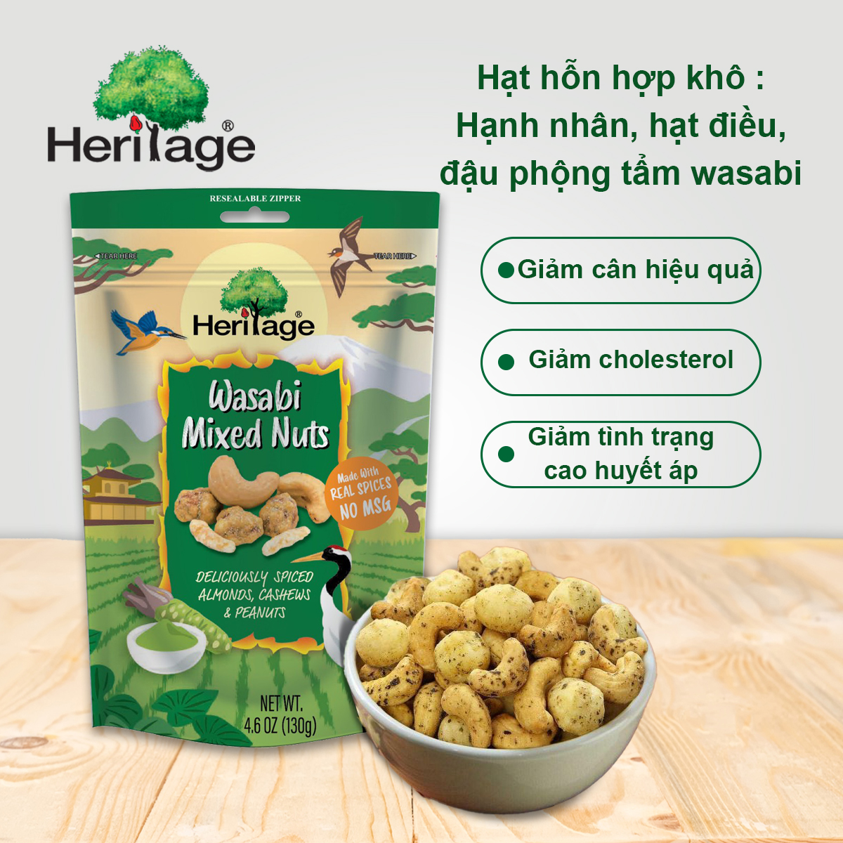 Hạt hỗn hợp khô : Hạnh nhân, hạt điều, đậu phộng tẩm wasabi, chính hãng Heritage vị cay nồng gói 130g- Wasabi Mixed Nuts Heritage