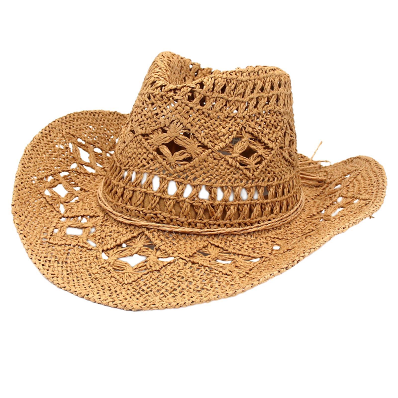 Straw Cowboy Hat Handmade Weave Straw Hats Wide  Hat for Holiday Khaki