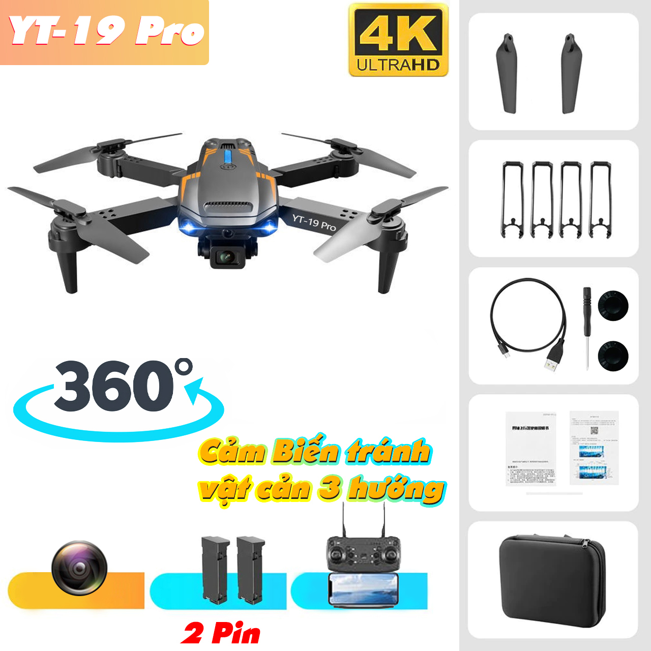 Flycam YT-19 Pro phiên bản version 2 E88 cảm biến vật cản 3 hướng, camera xoay 360 độ, thời gian bay 25 phút - hàng chính hãng