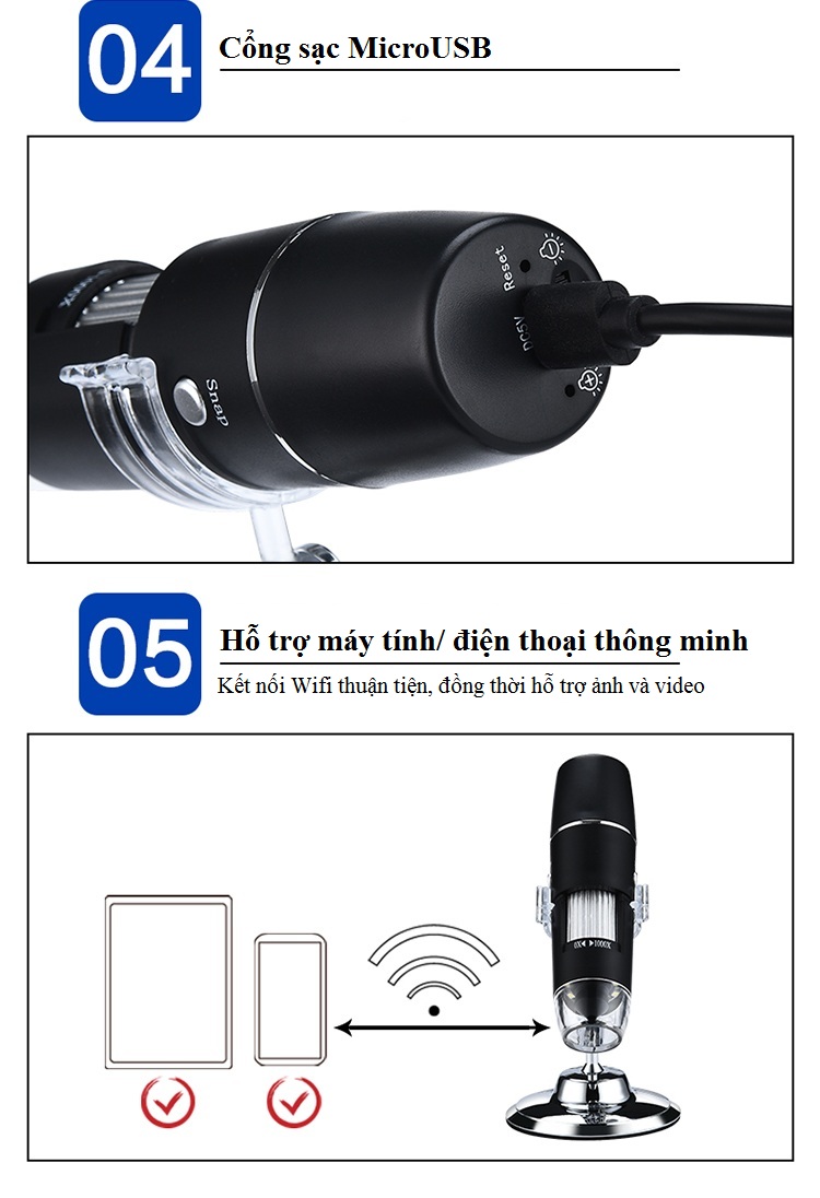 Kính hiển vi soi côn trùng có đèn led kết nối không dây qua wifi phóng đại 1000X thông minh