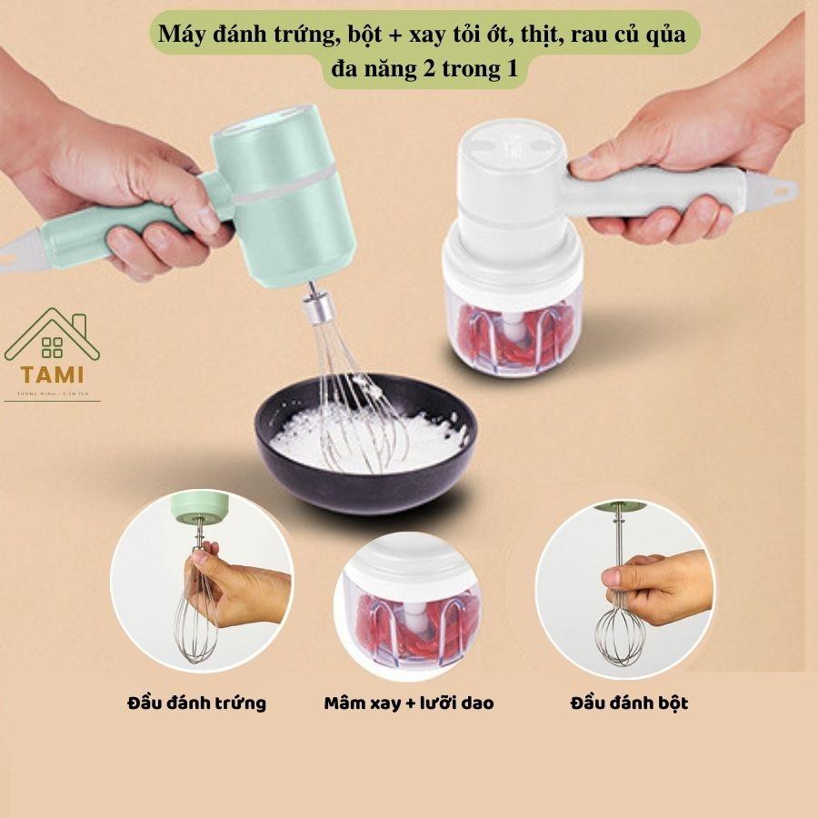 Máy đánh trứng, trộn bột, xay thịt, xay tỏi, xay rau củ quả ăn dặm cho bé cầm tay 2 trong 1 không dây sạc USB