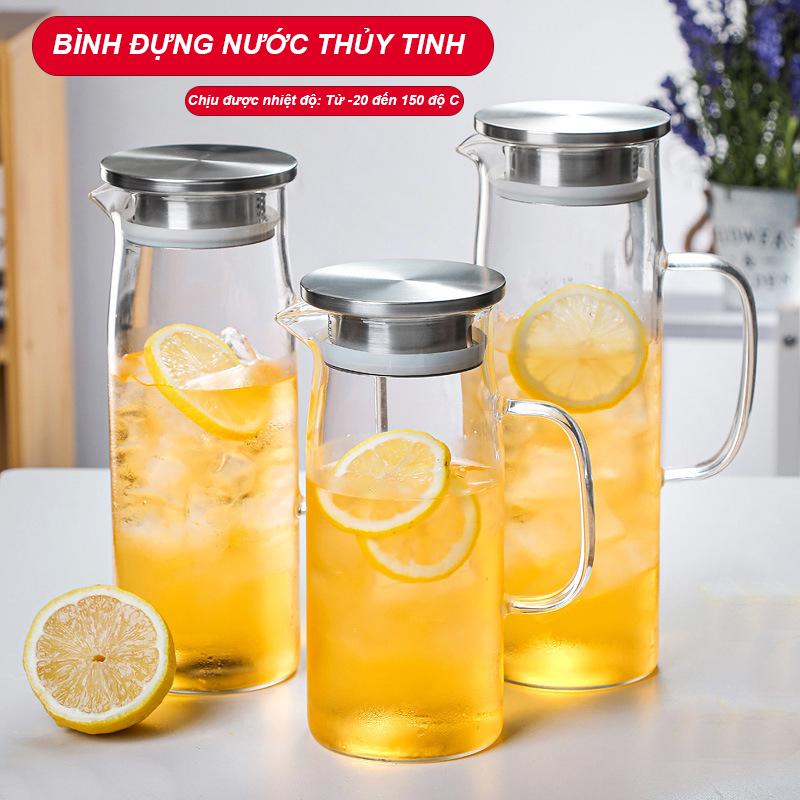 Bình đựng nước thuỷ tinh có quai cầm, Bình thủy tinh đựng nước, Bình thủy tinh chịu nhiệt có nắp bằng ino