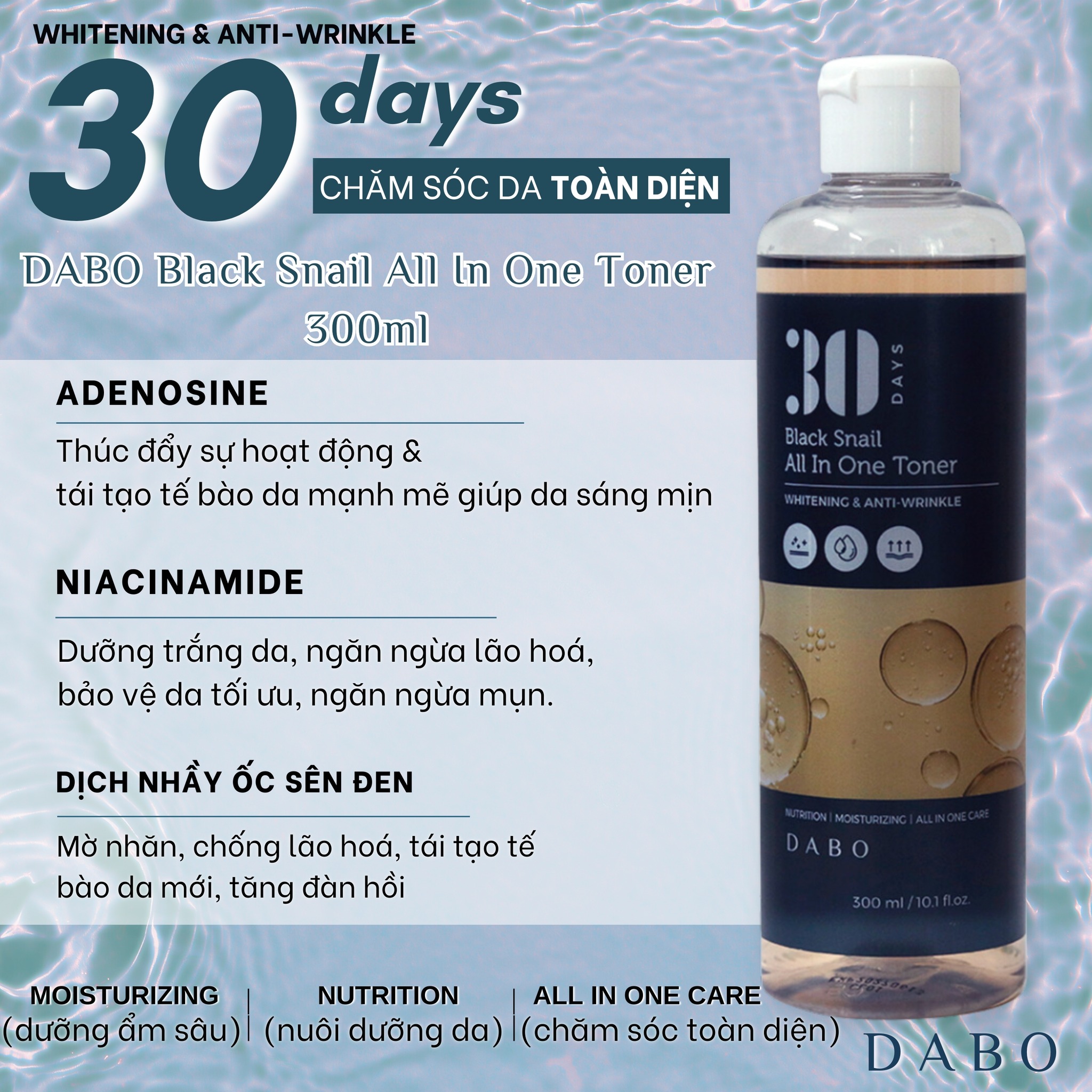 Nước hoa hồng Ốc sên đen dưỡng trắng da, ngăn ngừa lão hoá mờ thâm nám - DABO Black Snail All in One Toner 300ml
