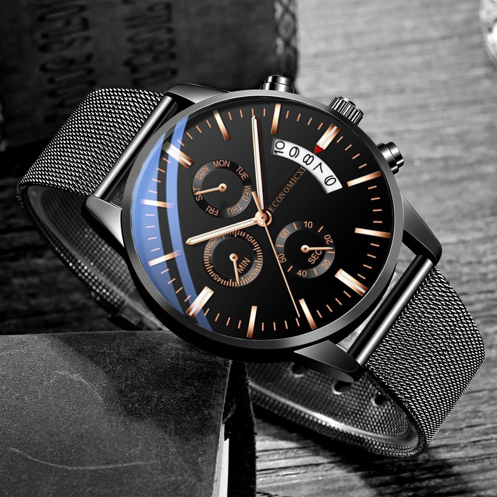 Đồng hồ nam thời trang ECONOMICXI dây thép lưới đen có kèm lịch ngày cao cấp - Phong cách doanh nhân lịch lãm