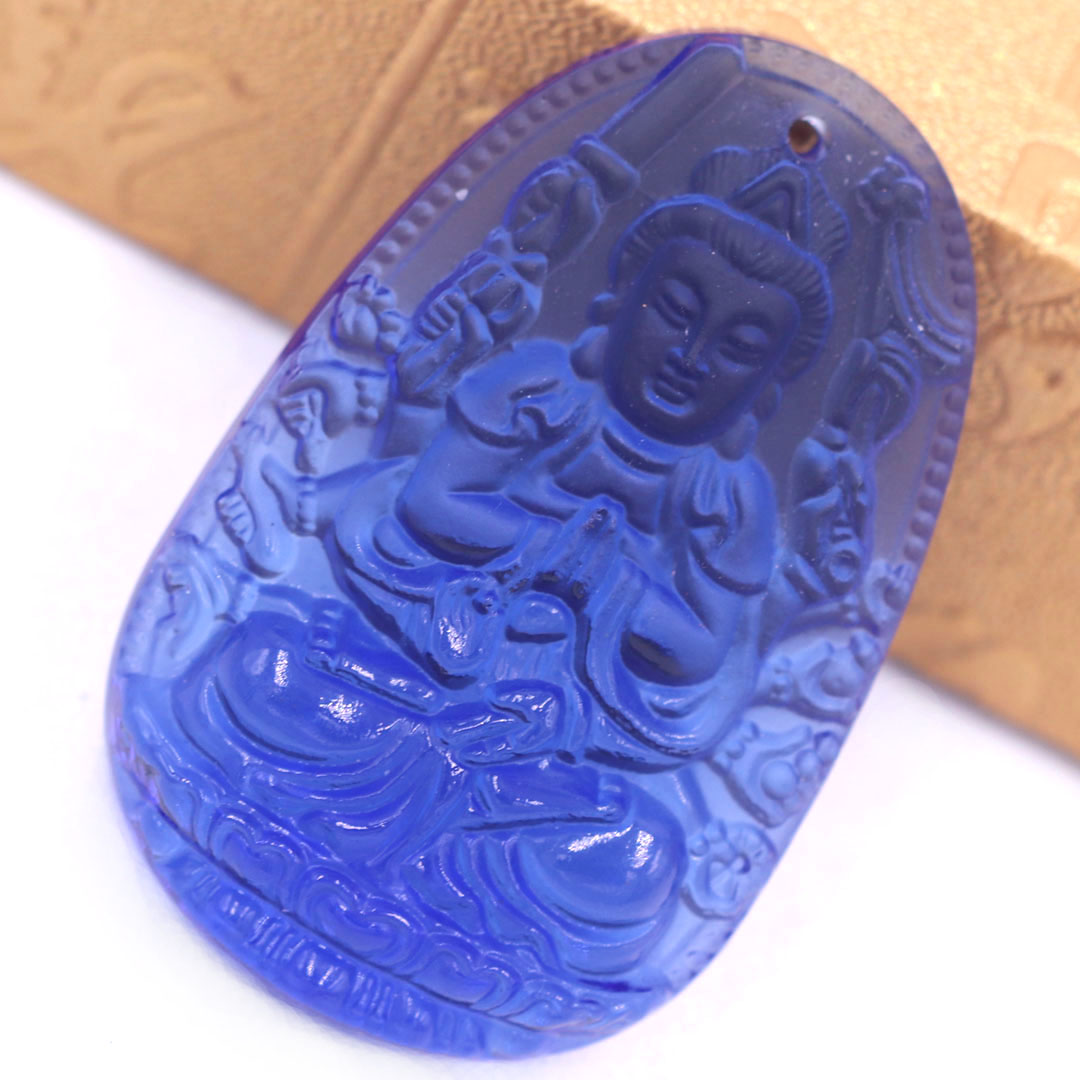 Mặt Phật Thiên thủ thiên nhãn thuỷ tinh xanh dương 3.6 cm kèm móc và vòng cổ dây cao su đen, Mặt Phật bản mệnh, Quan âm nghìn tay nghìn mắt