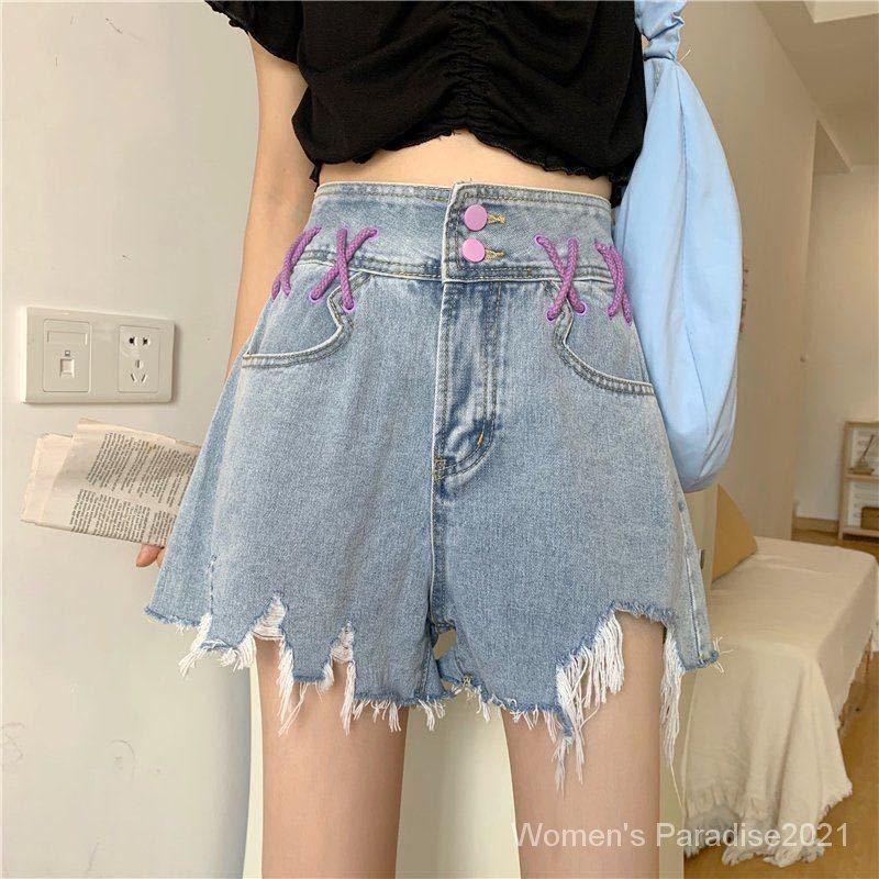 Quần short denim lưng cao ống rộng màu sắc độc đáo thời trang mùa hè cho nữ