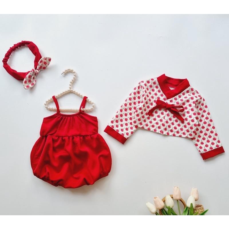 Body Hanbok Đỏ 3 Chi Tiết Chất Tằm Ướt Và Đũi Cara Cho Bé (3-12kg)