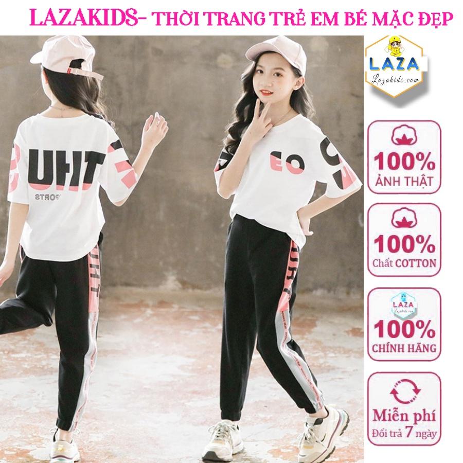 THUN COTTON 100% CHÍNH PHẨM Bộ quần áo bé gái size đại in logo chữ phong cách cho bé từ 25kg đến 60kg