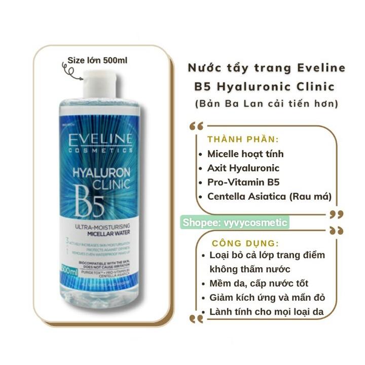 [Tặng rửa mặt dừa] Nước tẩy trang Eveline Hyaluron Clinic B5 dưỡng ẩm 3 trong 1 - chai 500ML