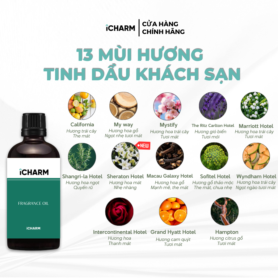 Tinh dầu thơm phòng nước hoa, khách sạn 50ml, 100ml iCHARM khuếch tán phòng ngủ, spa, đuổi muỗi