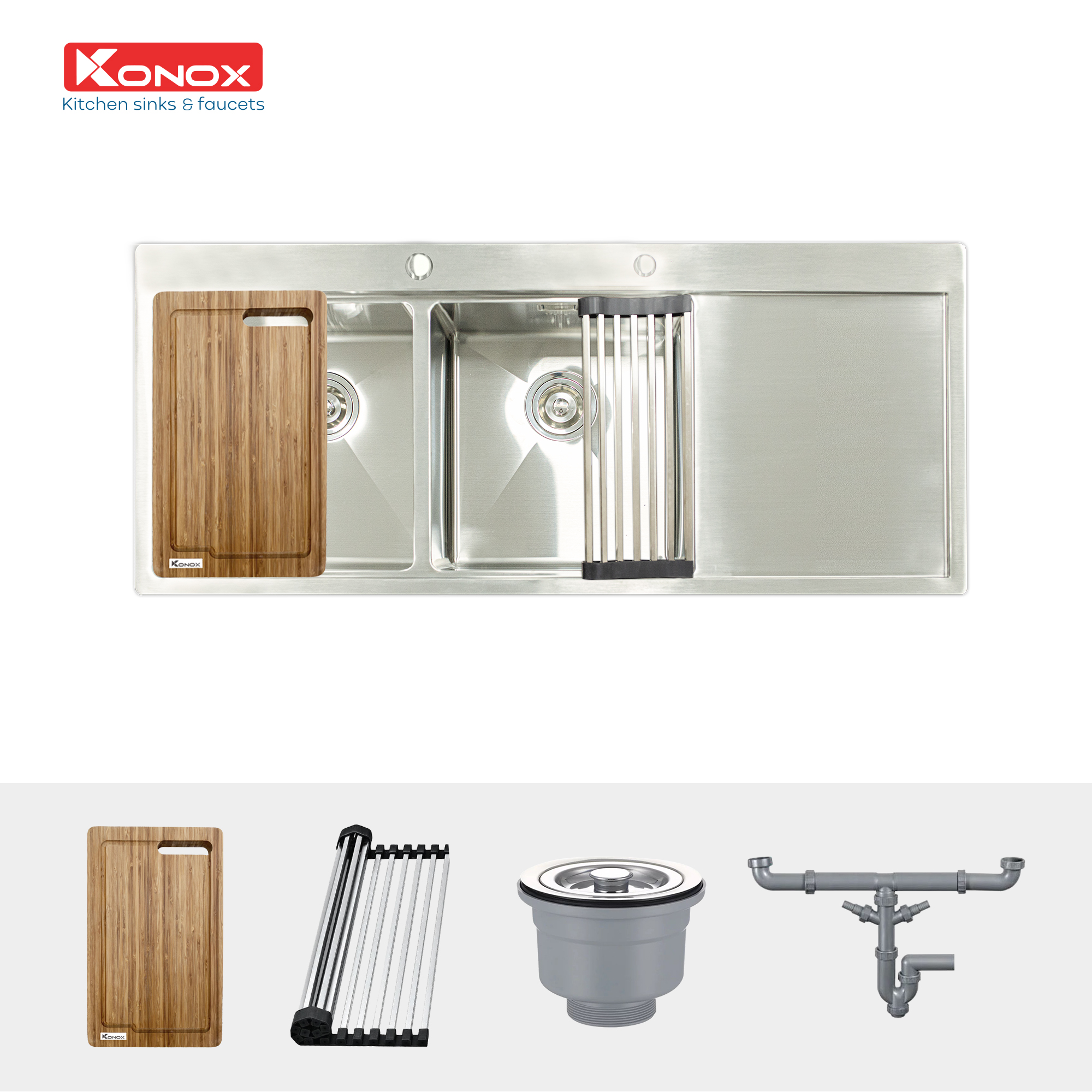 Chậu rửa bát inox Konox, Topmount Series, Model KN11650TD, Inox 304AISI tiêu chuẩn châu Âu, Hạ bậc tích hợp, 1160x500x220(mm),  Bảo hành chính hãng 10 năm, Hàng chính hãng