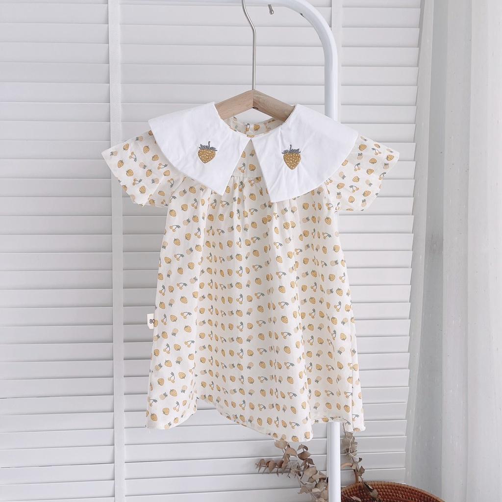 Váy hè cho bé gái 1-6 tuổi cộc tay cổ sen thêu dâu tây, Đầm babydoll trẻ em hàng thiết kế thoáng mát