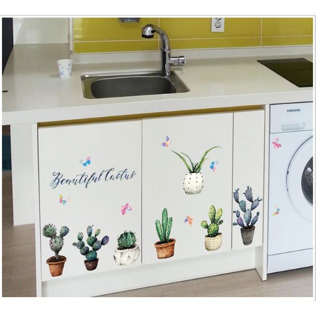 Decal trang trí tường - Nhiều chậu cây Xương Rồng Đậm