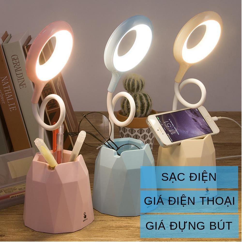 Đèn bàn LED tích điện có giá để điện thoại cổng sạc USB đèn học chống cận