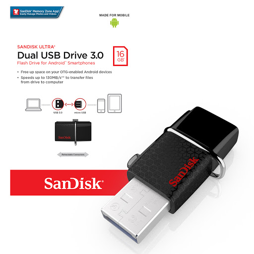 USB OTG Sandisk 3.0 Ultra Dual 16GB 130MB/s (Đen) Hàng Chính Hãng