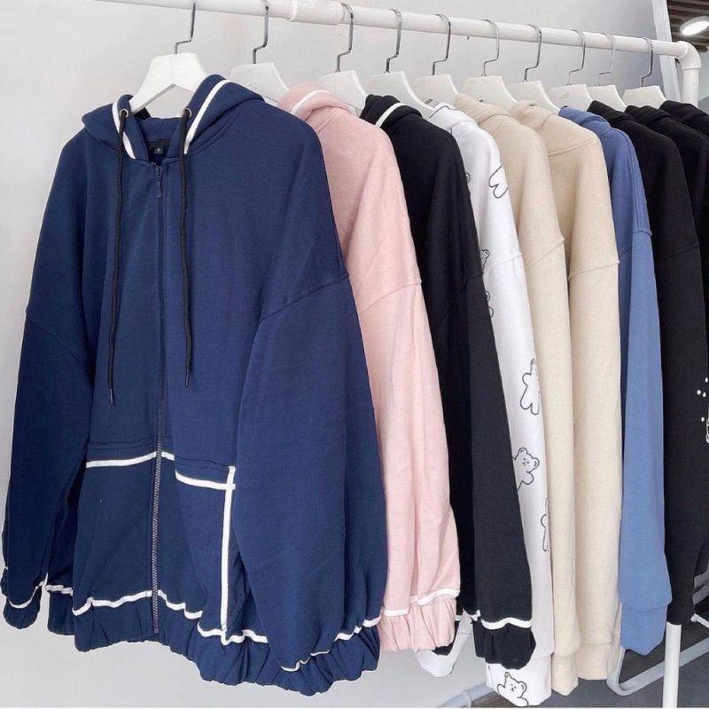 Áo khoác form rộng- Áo khoác dây kéo viền trắng || Hany shop