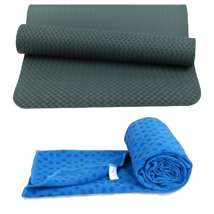 Combo Thảm tập yoga TPE 8mm 1 lớp (Xanh rêu) + Khăn trải thảm hạt nổi silicon (Màu ngẫu nhiên)