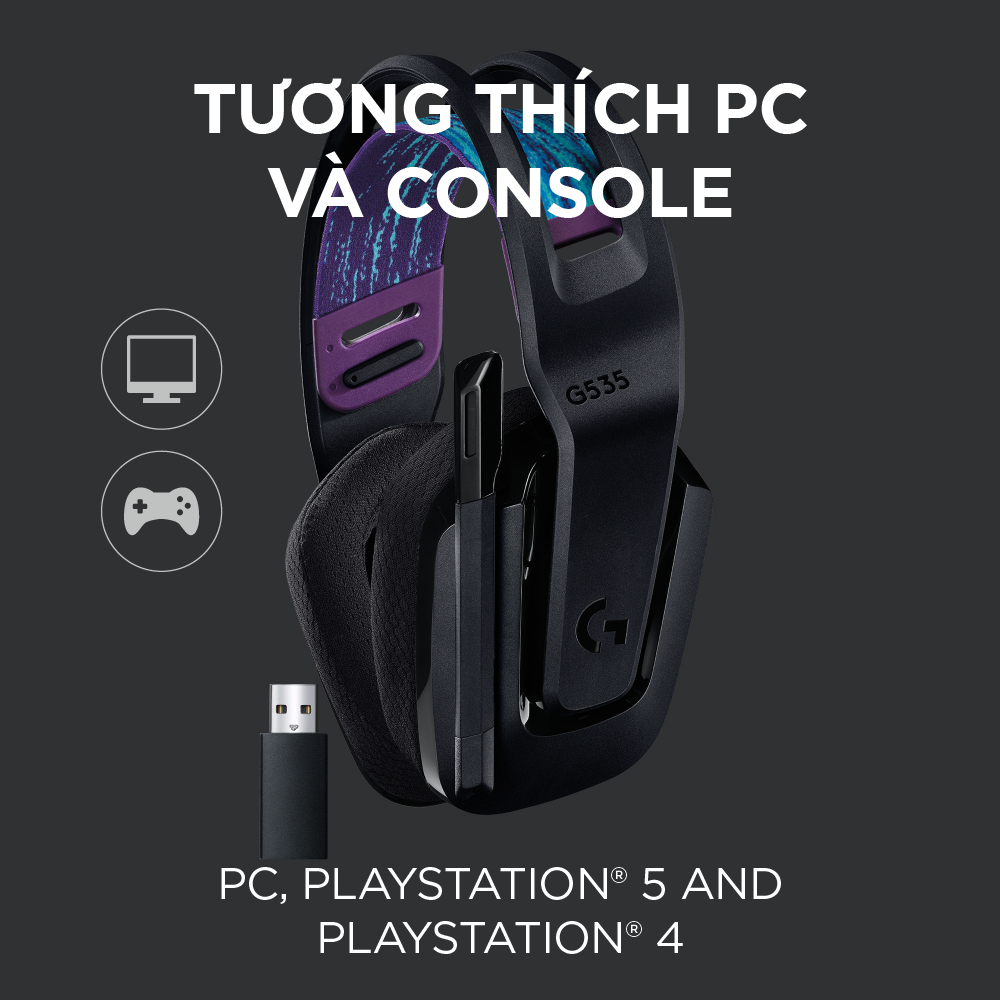 Tai nghe game không dây Lightspeed Logitech G535  - Trọng lượng nhẹ, âm thanh nổi, tương thích PC, PS4, PS5, Mic gấp để tắt tiếng - Hàng chính hãng