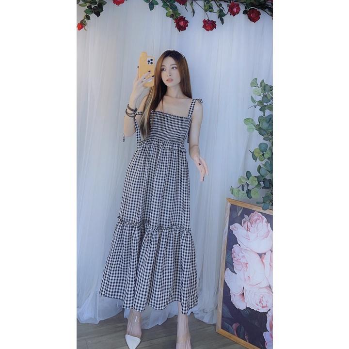 Đầm maxi nữ hai dây cột nơ caro siêu xinh dạo phố du lịch bầu bì bon chen kèm hình thật bao đẹp htd8740