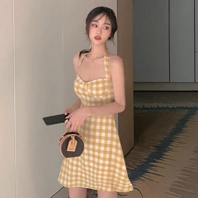 Đầm suông caro cúp ngực buộc nơ cổ summer 2021
