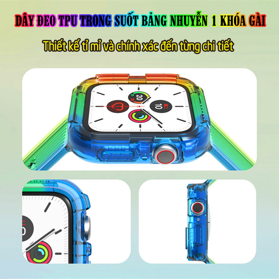Dây Đeo liền ốp dành cho Apple Watch 7/6/5/4/3/2/1 size 38/40/41/42/44/45mm TPU trong suốt bản nhuyễn 1 khóa gài - Cầu Vồng