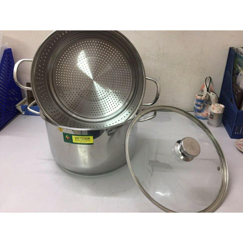 Bộ nồi xửng hấp inox ,xửng hấp inox 2 tầng 3 đáy nắp kính,nắp inox VietCook đun bếp từ size 28 kêt hợp chõ hấp xôi