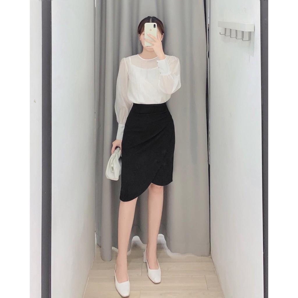 Chân váy dài vạt lệch chân váy xếp ly eo lệch váy dài công sở chân váy đẹp chữ A dài Banamo Fashion 533