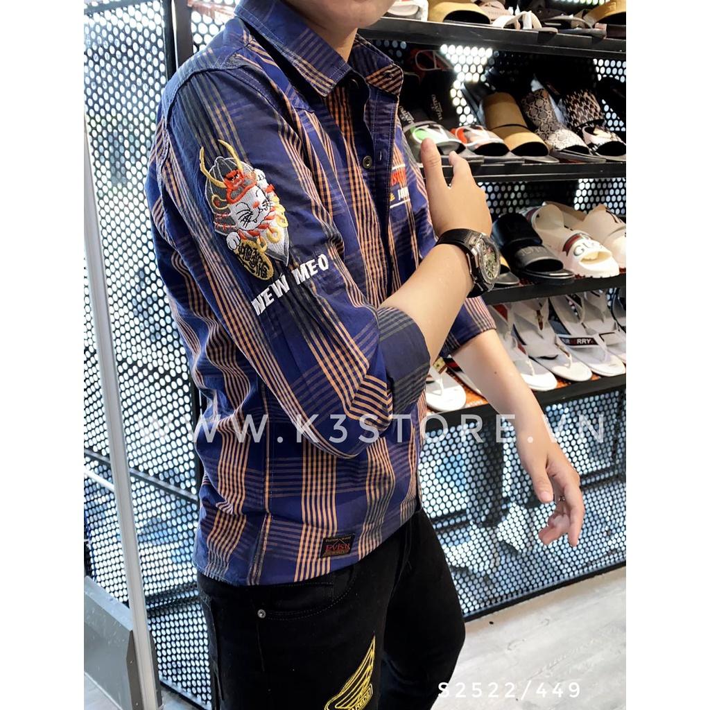 Sơ mi nam tay dài sọc nâu xanh thêu evisu kuro japan hàng thiết kế K3 STORE