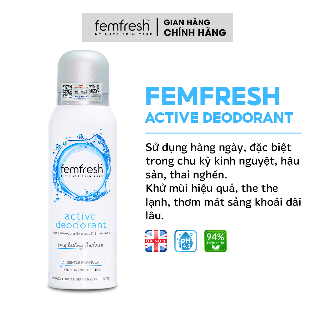 Xịt Thơm Mát, Khử Mùi "COBE" Femfresh Deodorant Spray Chứa Ion Bạc Lưu Hương Suốt 12h 125ml