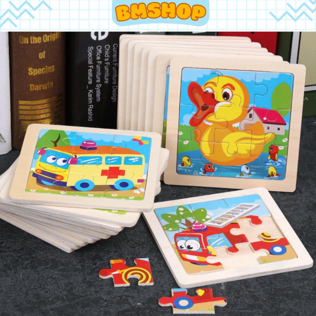 Tranh xếp hình, ghép hình gỗ 2D, 9 miếng, mẫu động vật vườn nhà BM chất liệu an toàn cho bé