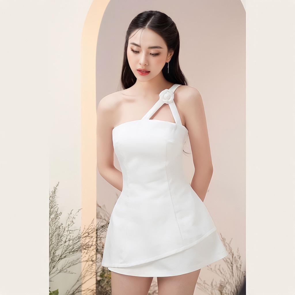 Set áo peplum cúp ngực lệch vai hoa