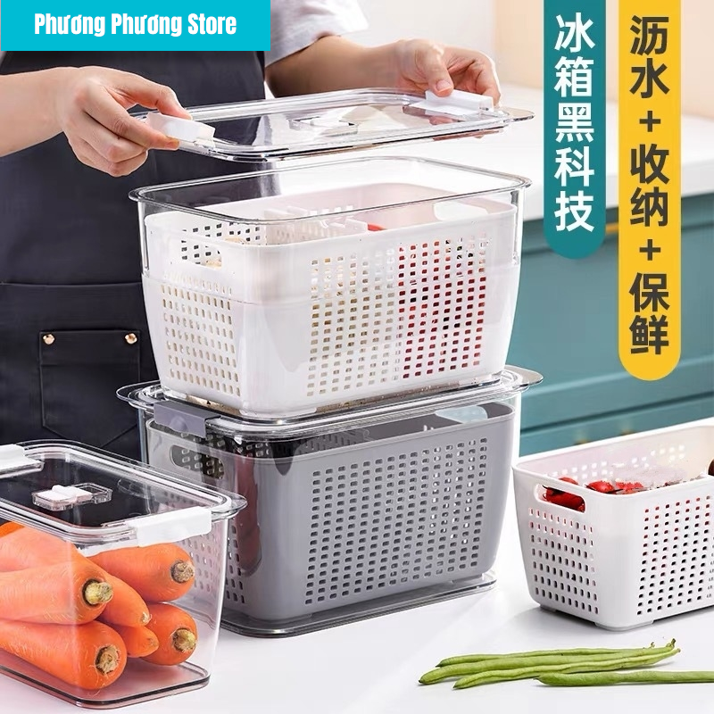 Hộp Bảo Quản Thực Phẩm Tủ Lạnh 2 lớp Trong Suốt, Giúp Ráo Nước Bảo Quản Tiện Lợi
