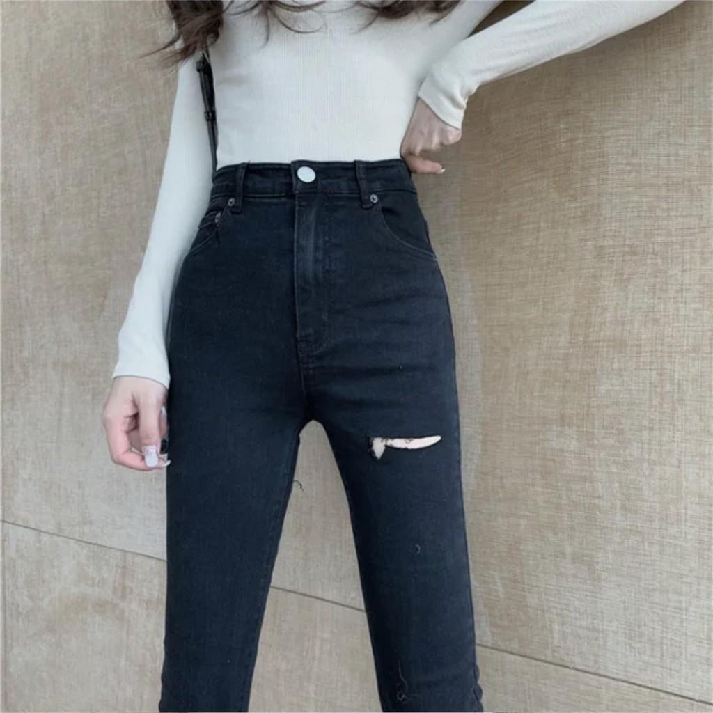 Quần jean nữ dài màu đen tuyền lưng cao co dãn mạnh, rách kiểu dành cho Big Size 2707