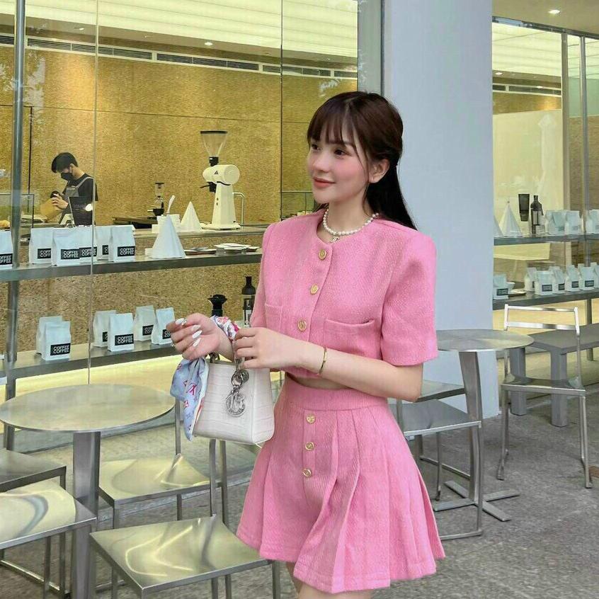 Sét áo croptop cổ tròn tay phồng mix quần ống xòe tiểu thư màu hồng/trắng/nâu dễ thương Cun Fashion -SB0145
