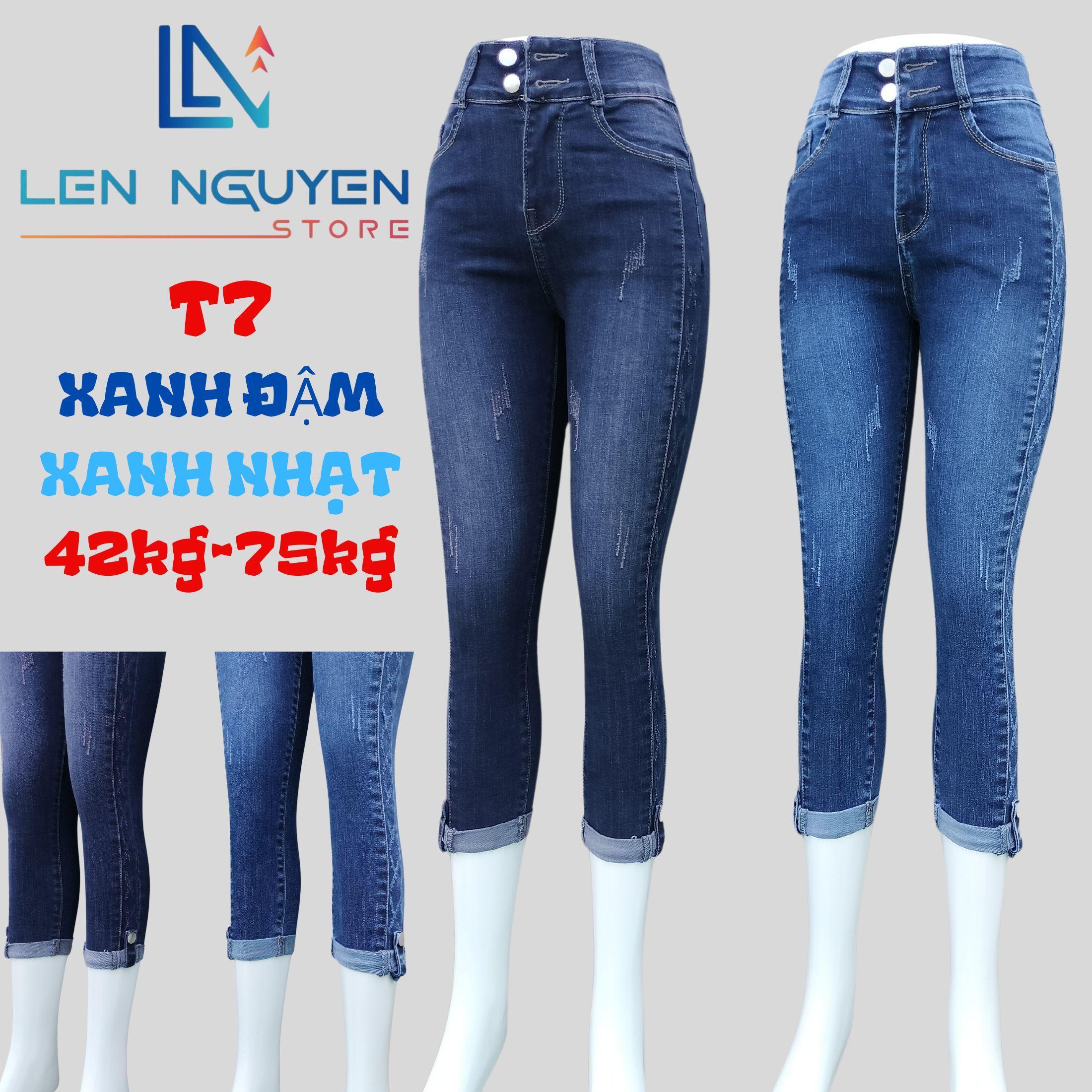T7_Quần jean nữ, 9 tất, lưng cao, quần bò nữ dáng ôm, quần rin nữ có big size, cho 42kg đến 75kg - Xanh